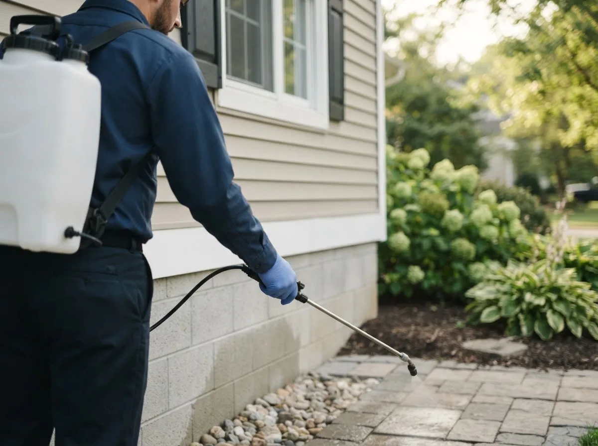 Pest control technician inspecting a home in Marston, MO
